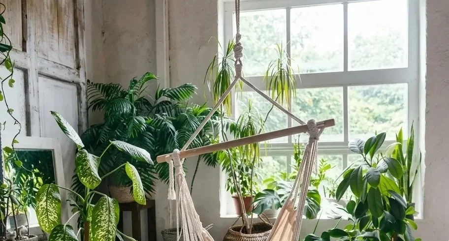 Rincón con plantas y hamaca junto a una ventana, para el sitio de Inplant